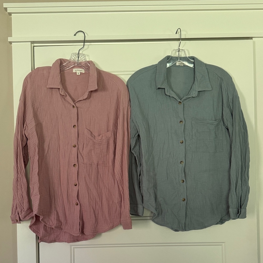 No Comment Lightweight Crinkled Button-Down Blouse - Pink and Blue Lot of 2